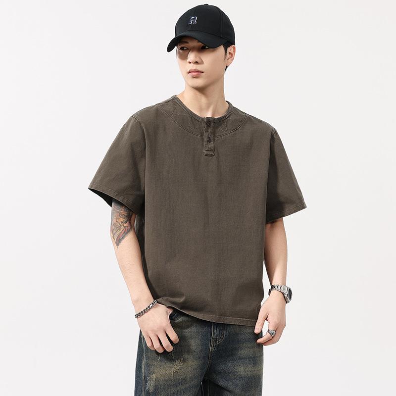 Retro Short-sleeved T-shirt Men's Summer Pure Cotton Top Solid Color Loose Round Neck Half-sleeved Shirt