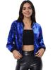 Allegra K Women's Sequined Stadium Jacket, Long Sleeve, Zipper Detail, Short Length, Blue, Size M