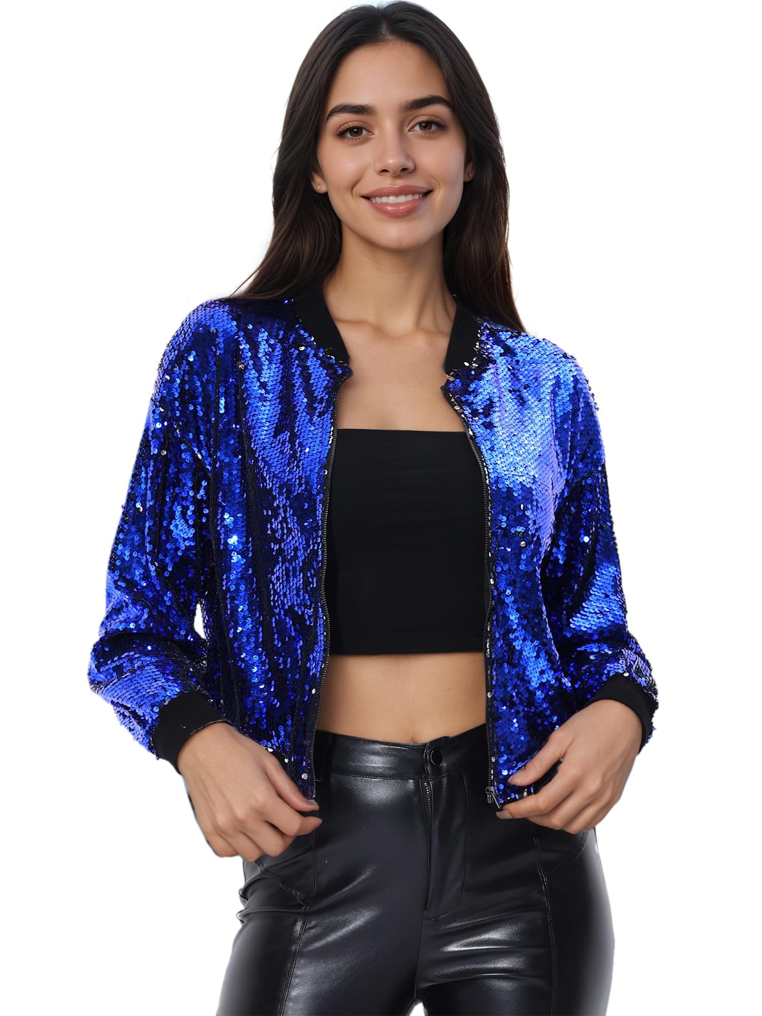 

Allegra K Women s Sequined Stadium Jacket, Long Sleeve, Zipper Detail, Short Length, Blue, Size M