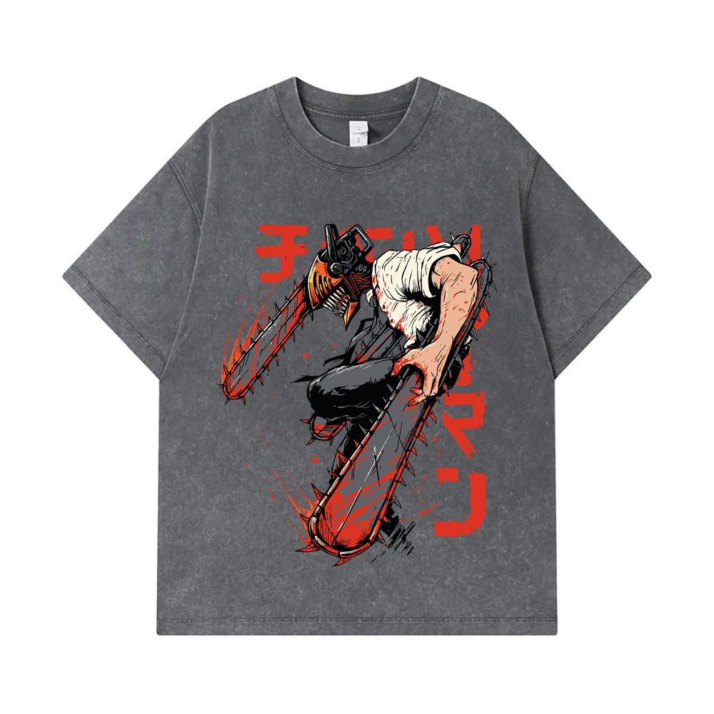 275 GSM Washed T-shirts 100% Cotton Chainsaw Man V21 Denji Print Unisex Heavy Cotton T Shirt