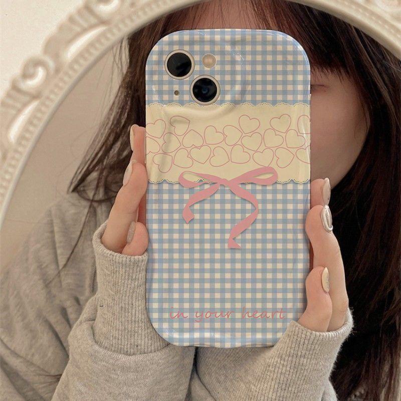 Blue Grid Bow Love Applies Apple 14 Cream Shell 15pro All-inclusive Soft 16promax Cute 15 16