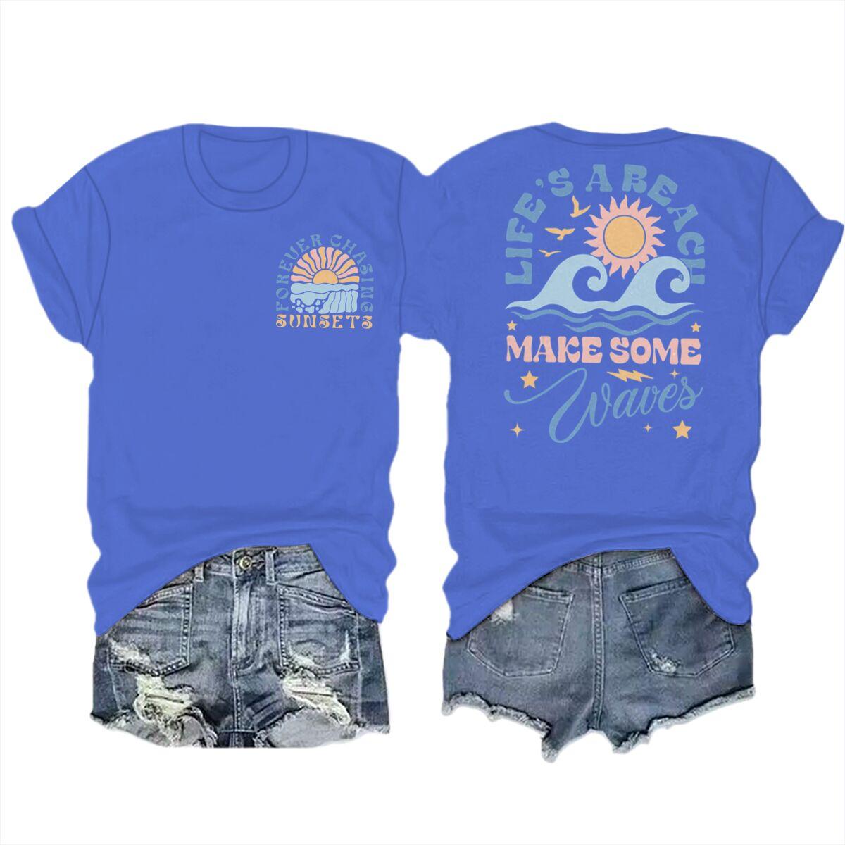 

Ocean Beach Series Summer Vibes T-shirts Round Neck Short Sleeve Women Men Casual Tops Vacation Trip Vintage Camisetas Mujer M
