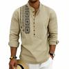 Men Linen Blend Long Sleeve Shirt, Mandarin Collar Ethnic Geometric Print Half Button Henley Shirts Casual Beach Bohemian Tops For Men Multiple Colors