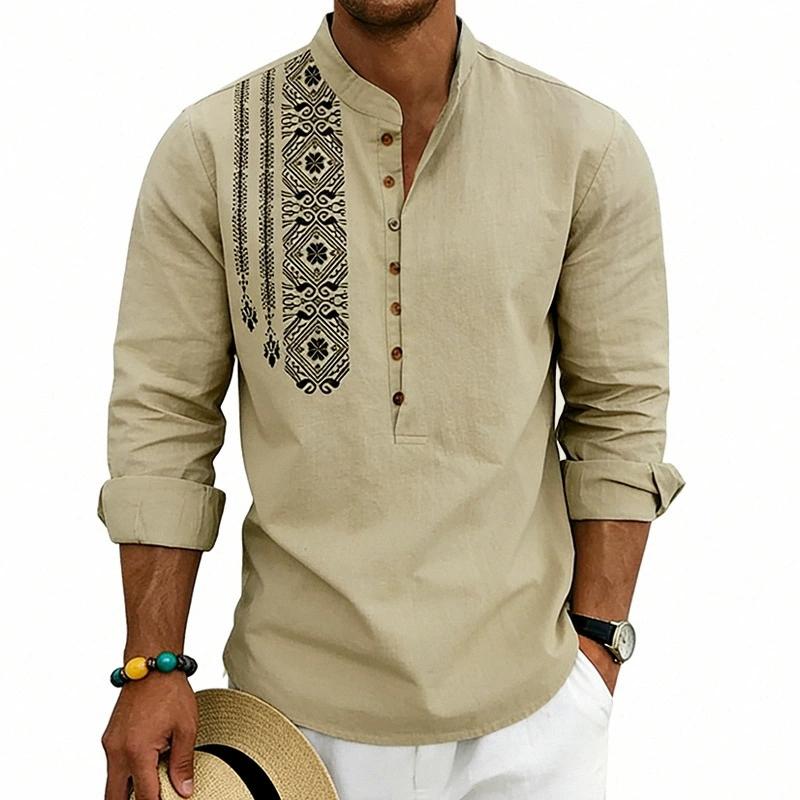 Men Linen Blend Long Sleeve Shirt, Mandarin Collar Ethnic Geometric Print Half Button Henley Shirts Casual Beach Bohemian Tops For Men Multiple Colors