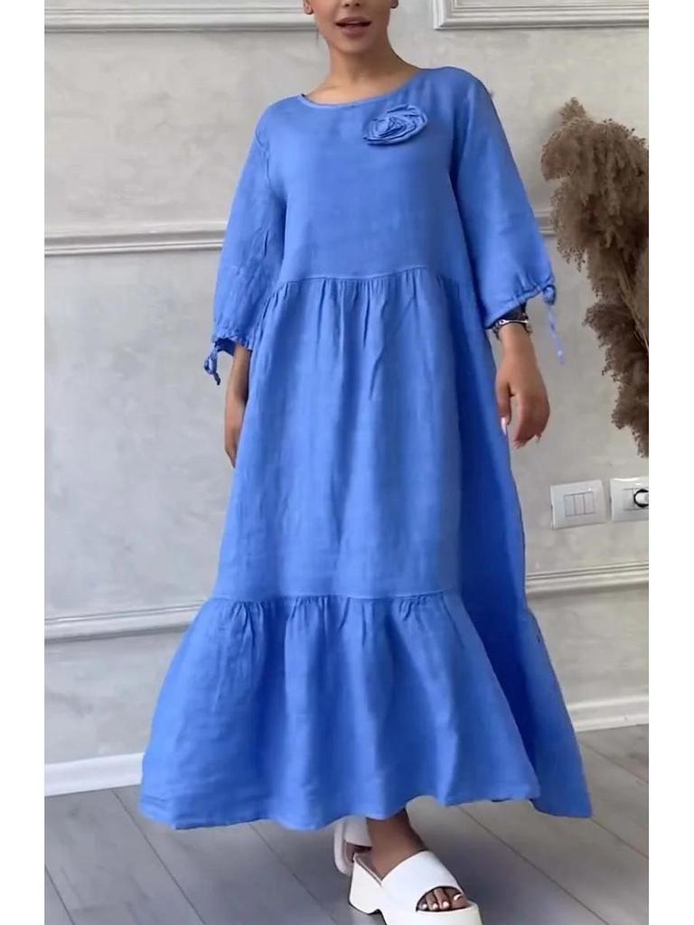 2024 EU & US Style Women's Round Neck Gathered Long Sleeve Drawstring Back Tie Solid Casual Dress