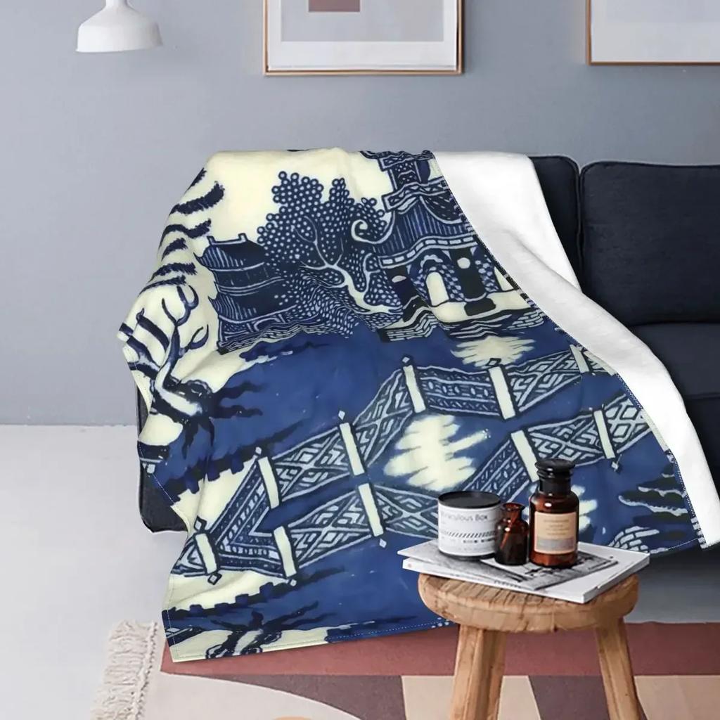 Starožitné Willow Ware Orientální Toile Deky Sametové Jarní Modré Delft Víceúčelové Tenké Přehozy na Postel Auto Koberec Kus