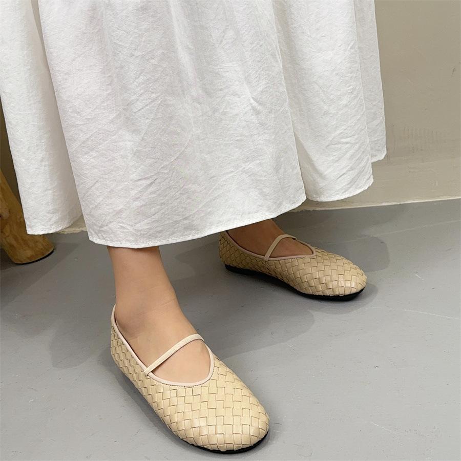 Johnature Retro-Schuhe aus handgefertigtem Echtleder mit Webmuster, flache, runde Zehenpartie, weiche Sohle, Damen-Schlupfschuhe