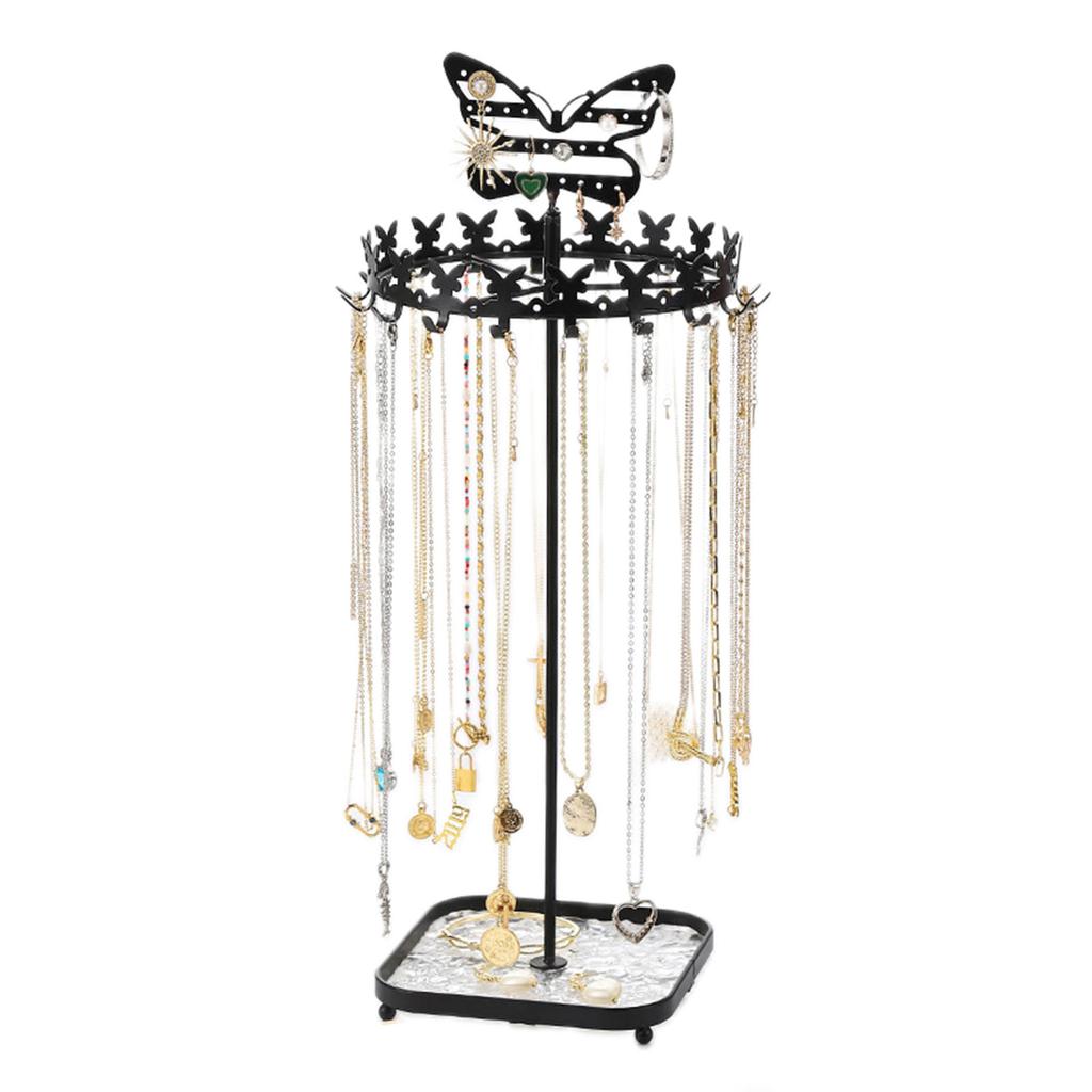 Metal Butterfly Necklace Holder Bracelet Display Stand Jewelry Organizer Tower Rack with Acrylic Tray Jewelry Tree