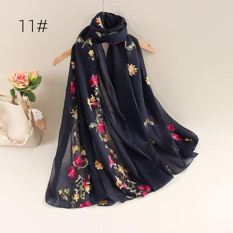 Ethnic Style Embroidered Cotton-Linen Scarf: Thin, Breathable, Fashionable Sun Protection; Wear as Head Wrap or Shawl.
