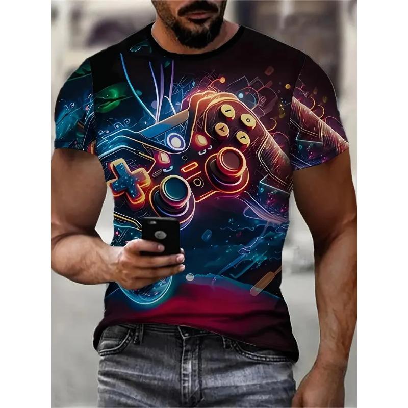 3D Digitaldruck Herren Freizeit Lebendiges Neon Game Controller Design T-Shirt Neu im Rundhals Kurzarm Gamer T-Shirt für Männer