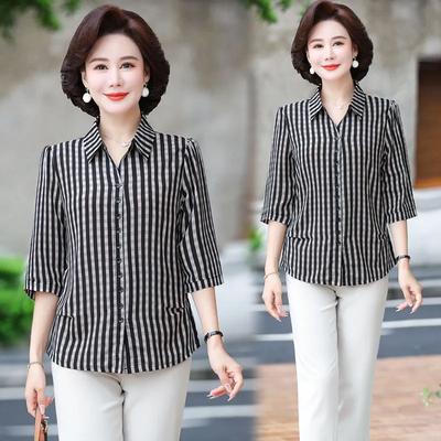 Women's Summer Thin Chiffon Plaid Shirt Middle-aged and Elderly Comfortable Loose Temperament Blouse