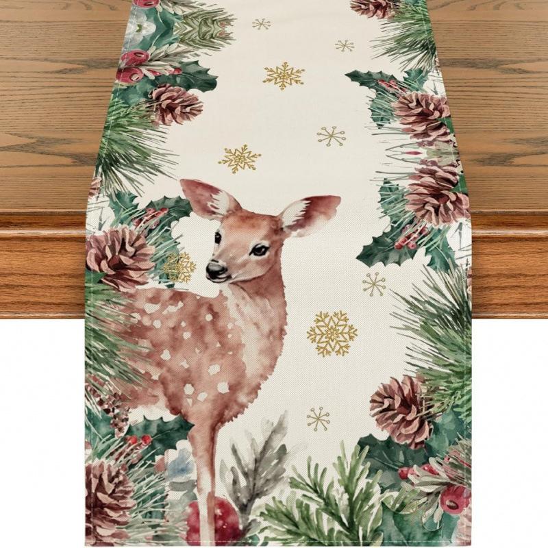 Festive Snowman Christmas Tree Table Runner Home Kitchen Dining Tablecloth for Party Decoration