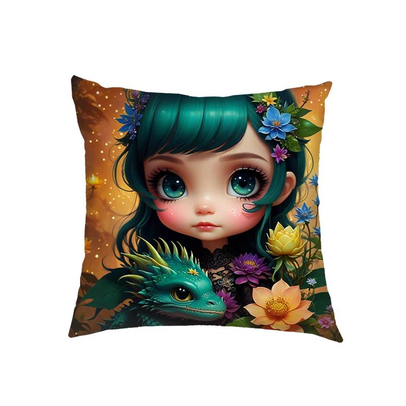 Niedliche Drachenbaby Kissenbezüge Fantasy Elfenmädchen Kissenbezüge Heimdekoration Schlafzimmer Büro Kissenbezug Zierkissenbezug Geschenk