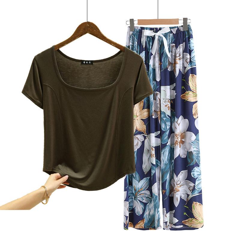 Fashion U Nek Tshirt and Floral Wide leg pants Summer fashion homewear 2pcs suit Loose Casual pajamas set comfort loungewear plus size