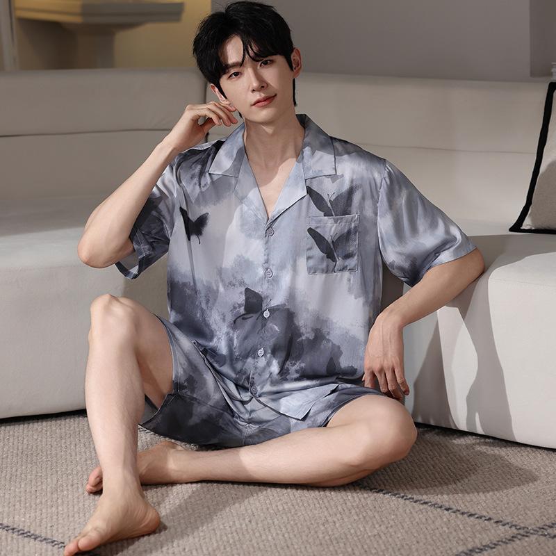 Ice silk pajamas men's summer 1011 new short-sleeved black high-end simulation silk summer loungewear set