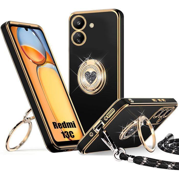 Coque de protection - E.F.CONNECTION - pour Xiaomi Redmi 13C - Silicone Antichoc - Cordon - Motif Cœur Noir