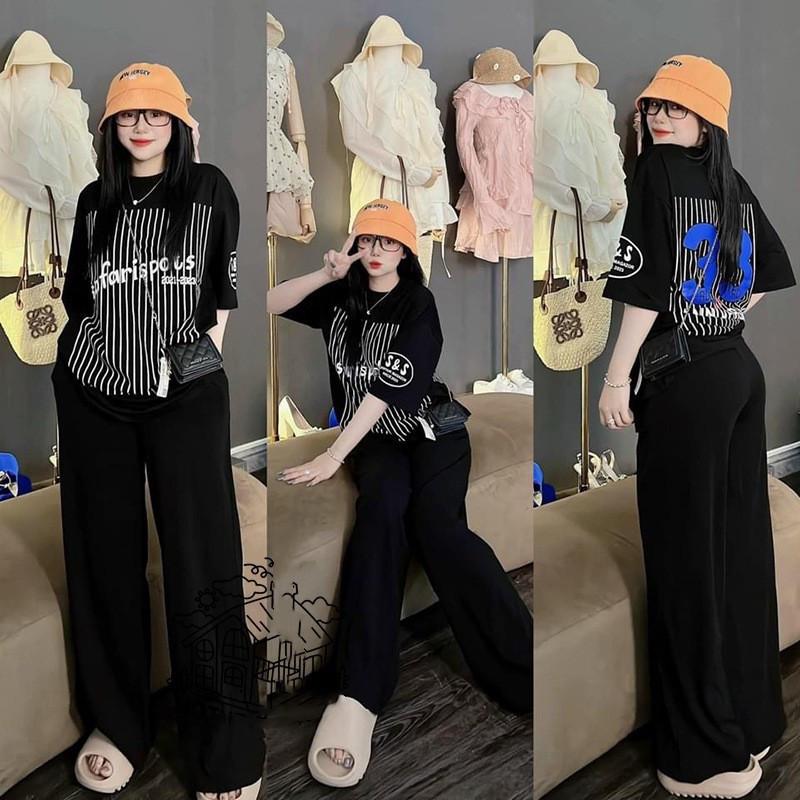 

Летний полосатый комплект-двойка для женщин из Юго-Восточной Азии: Топ с коротким рукавом и брюки широкого кроя, больших размеров One Size чёрный