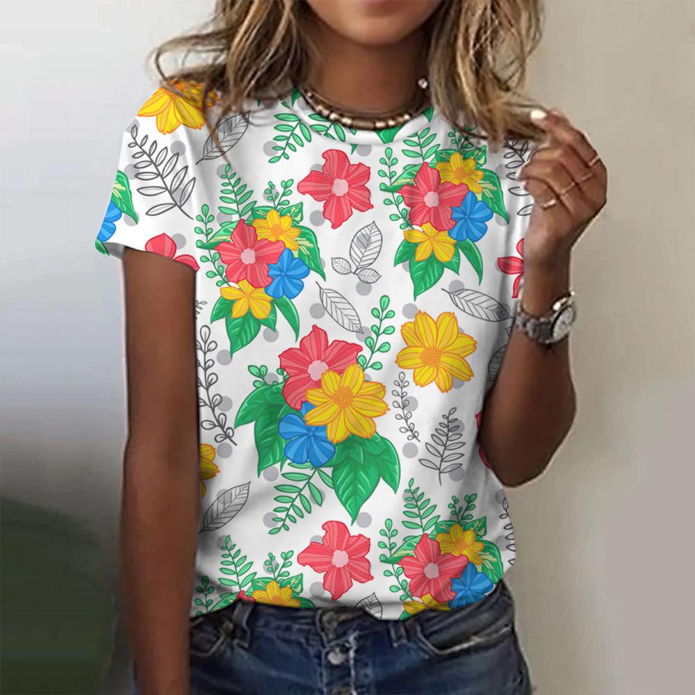 Round Neck 3D Tropical Floral Printed Casual Short Sleeved Women's T-shirts - Soft Medium Stretch Polyester Fabric Summer Relaxed Fit Clothing