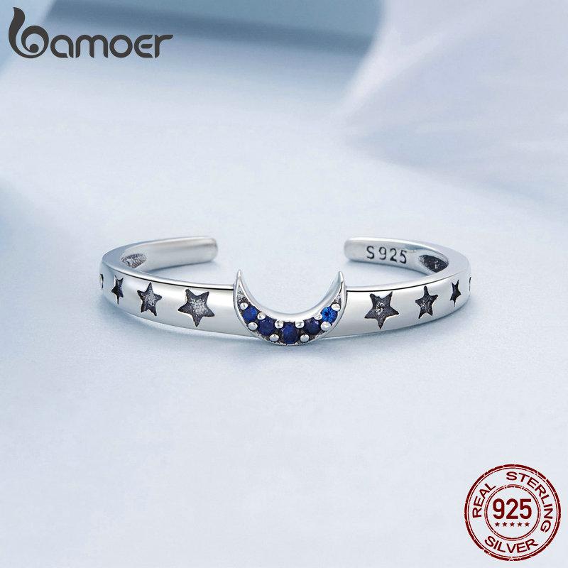 BAMOER 925 Sterling Silber Sonne und Mond Stapelbarer Öffnungsring Paarring für Frauen Schicker feiner Schmuck für Paare