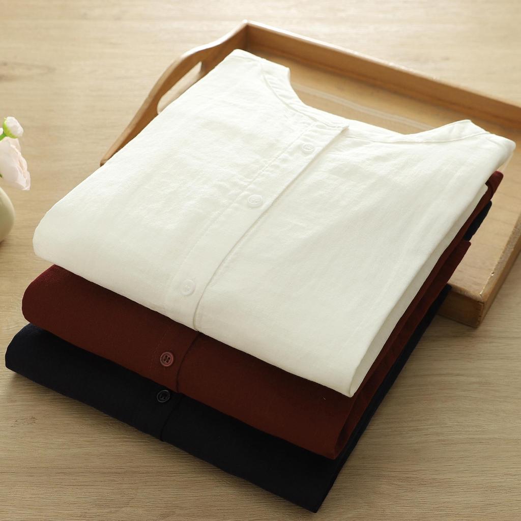 Women's Stand Collar Long Sleeve Cotton Gauze Shirt - Solid Color, Breathable, Slimming, 2026 Spring/Autumn Collection
