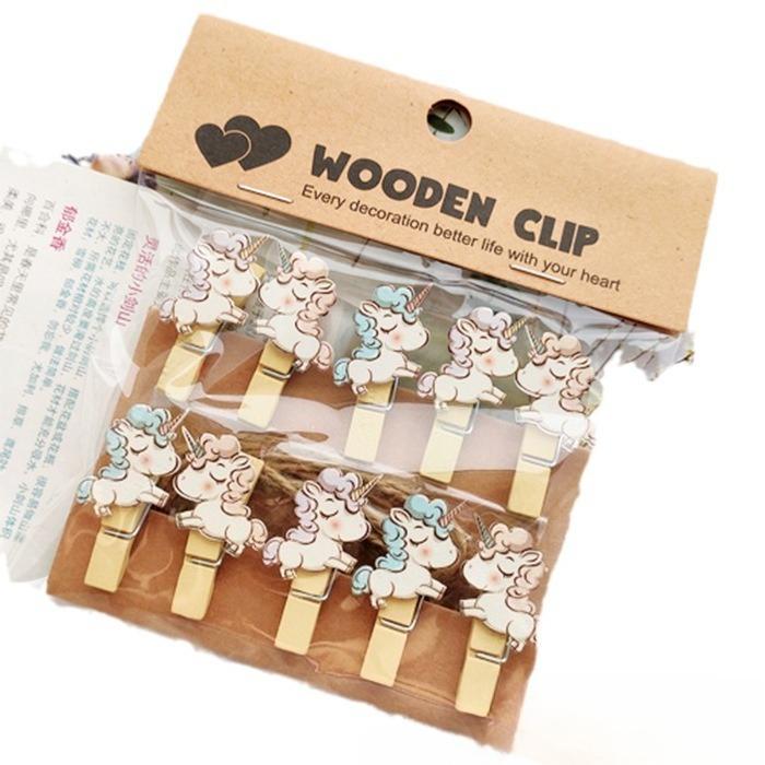 10 Stück Cartoon Einhorn Baby Hängefotos Kindergarten Dekoration Blumenladen Karten Kleine Holzklemmen