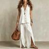 Women's Loose Fit Two Piece Pant Suit Sleeveless V Neck Linen Blend Shirt Split Wide Leg Trousers Vacation Matching Set