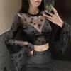 Horn Sleeve Design Long Sleeved Mesh T-shirt Women's Summer Spicy Girl Butterfly Print Short Top