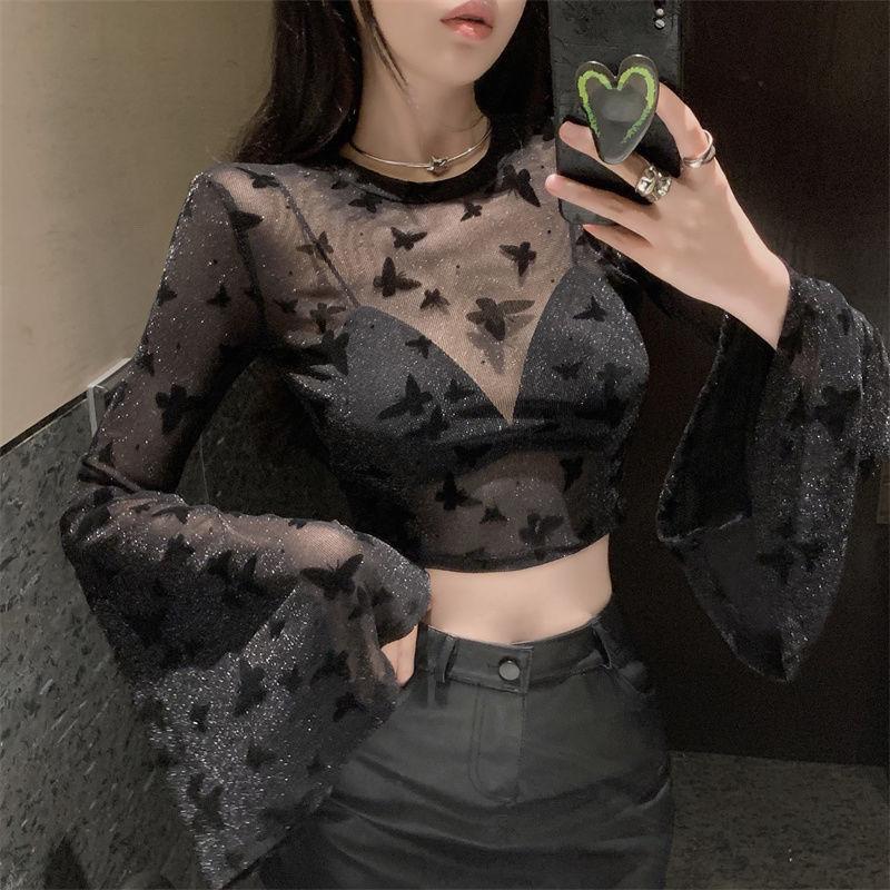 Horn Sleeve Design Long Sleeved Mesh T-shirt Women's Summer Spicy Girl Butterfly Print Short Top
