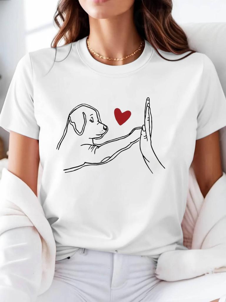Casual Unisexs Tshirt Dog High Five Heart Print Round Neck Short Sleeve Four Seasons Leisure Outdoor Lightweight Comfortable Da