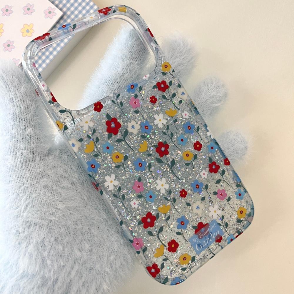INS Blue Flowers Glitter Phone Case For iPhone 17 Pro Max 17Pro Case Large Window Soft Funda for iPhone 16 15 14 Pro Max Cover