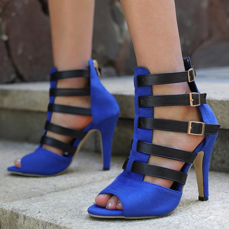 Sexy Women's Sandals Summer Shoes 2025 Buckle Cut-outs Black Blue High Heels Ankle Boots Female Party Dance Shoes Large Size
