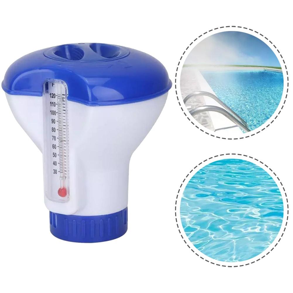 Swimming Pool Floating Dispenser with Built In Temperature Gauge for Tablets