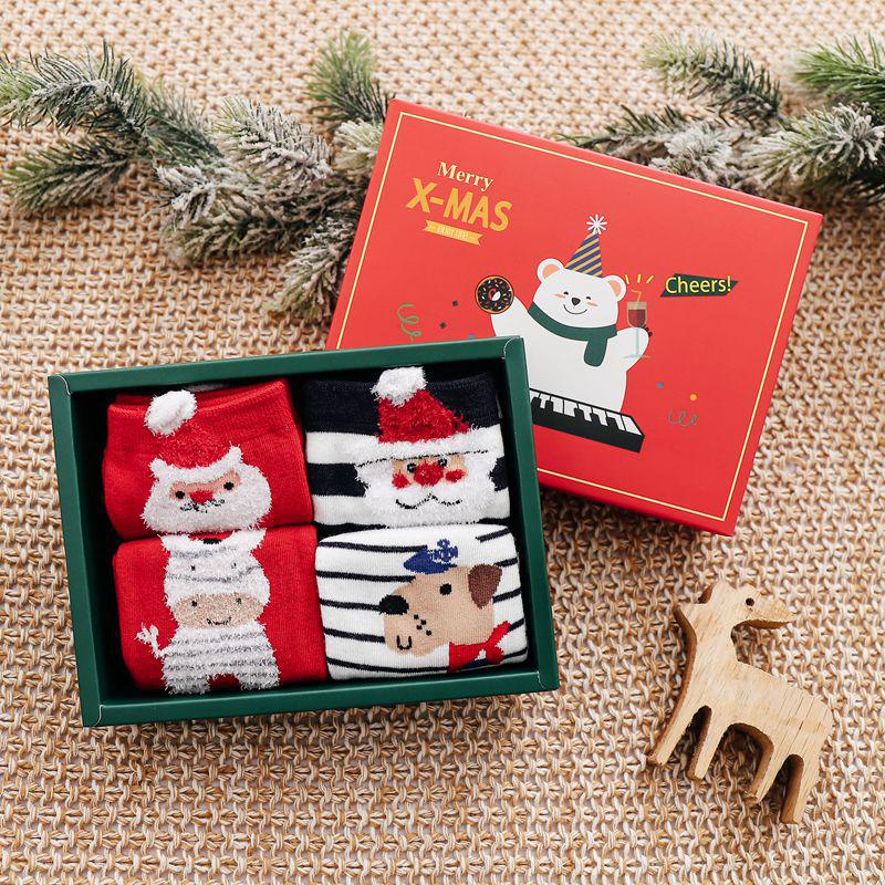 4-Pair Gift Box: Women's Cartoon Animal Mid-Calf Socks - Perfect for Autumn, Winter, Christmas, and New Year