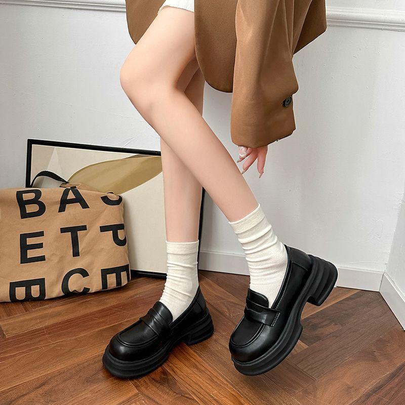 British French Mary Jane Small Leather Shoes Thick Heel Loafers Muffin Sole New Round Head One Pedal Uniform Women's Shoes
