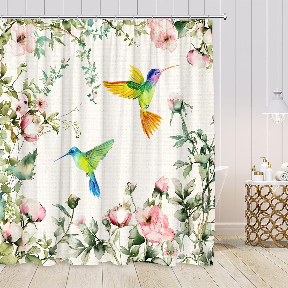 Hummingbird Floral Shower Curtains Birds Blooming Flowers Colorful Blossom Greenery Plants Modern Spring Bathroom Curtain Decor