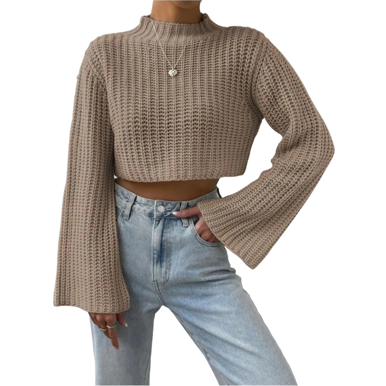 

Женский однотонный повседневный универсальный вязаный короткий свитер с рукавами-колокольчиками XL верблюд