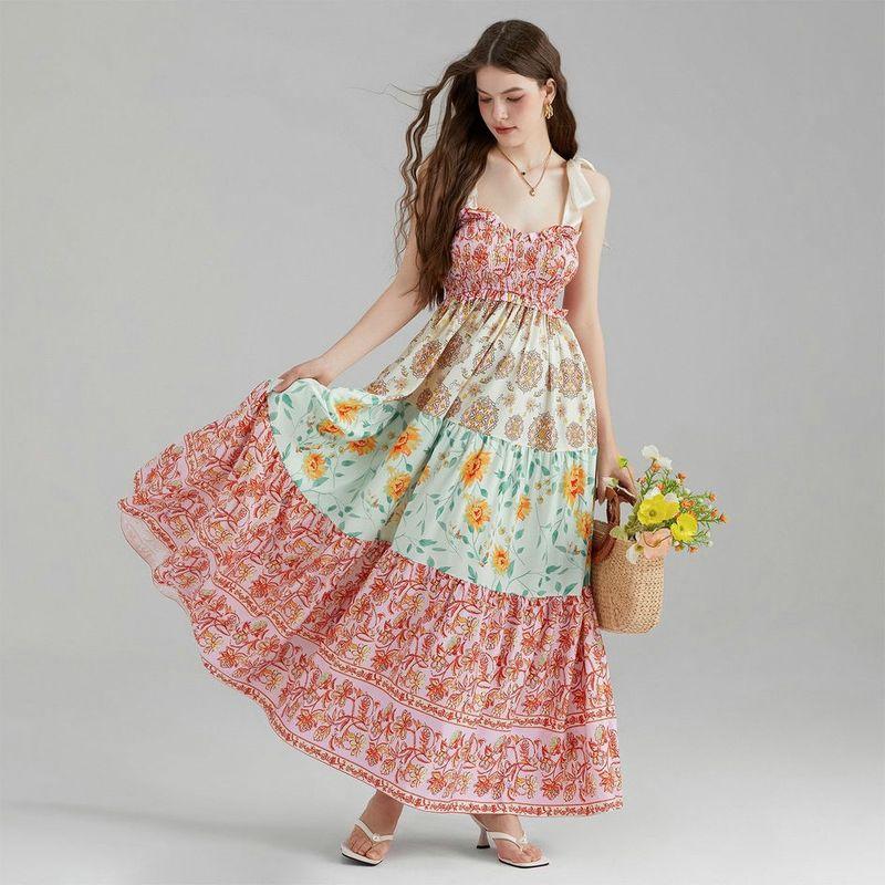 

Стильная летняя новинка Европейская и американская женская одежда Бандо на бретелях Милое платье макси с принтом Элегантное платье с завышенной талией и большой юбкой Print L