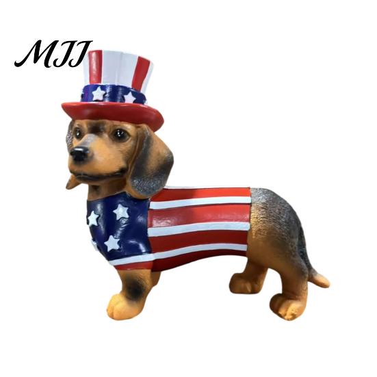 Dachshund Lover Gift Independence Day Desktop Ornament, Resin Statue with Stars American Flag Dog And Stripes, Patriotic Sculpture for Home