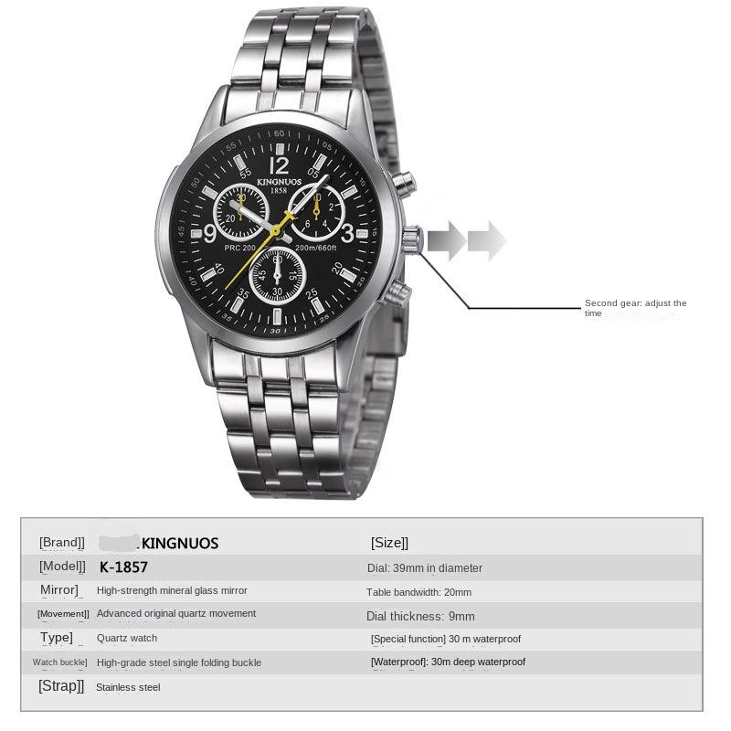 KINGNUOS Ultra Slim 3-Augen-6-Zeiger-Stahlarmband, wasserdichte Stahlarmbanduhr, blaue Glasuhr