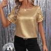 2026 Women's Metallic Foil Trim Short Sleeve Shirt Elegant Fashion Casual Top