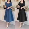 Women Summer Dress Square Neck Bubble Sleeve Pleated Shirring Elastic Bust Short Sleeve A-line Loose Hem Solid Color Vintage Mic-calf