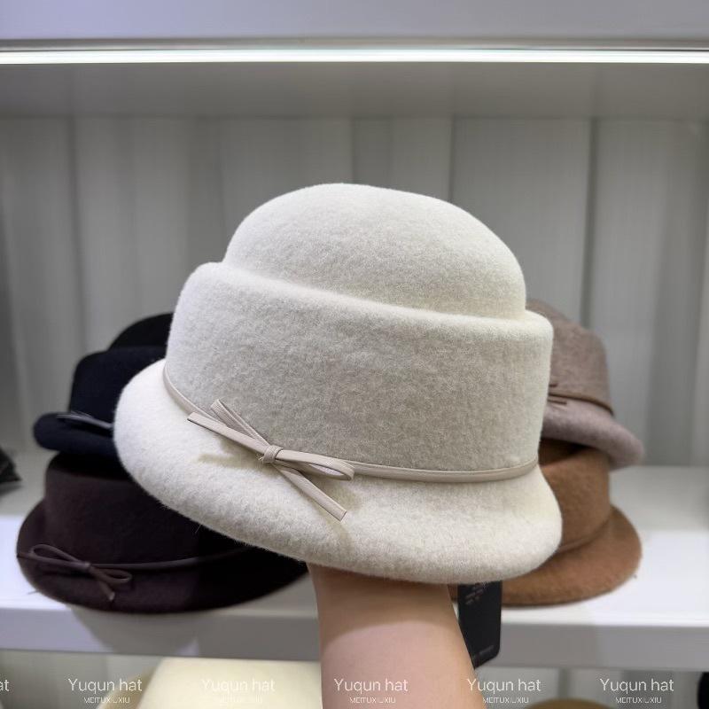 Qianjin wind concave top shape wool top hat women's autumn and winter bow crimped basin hat temperament fashion hat fisherman hat