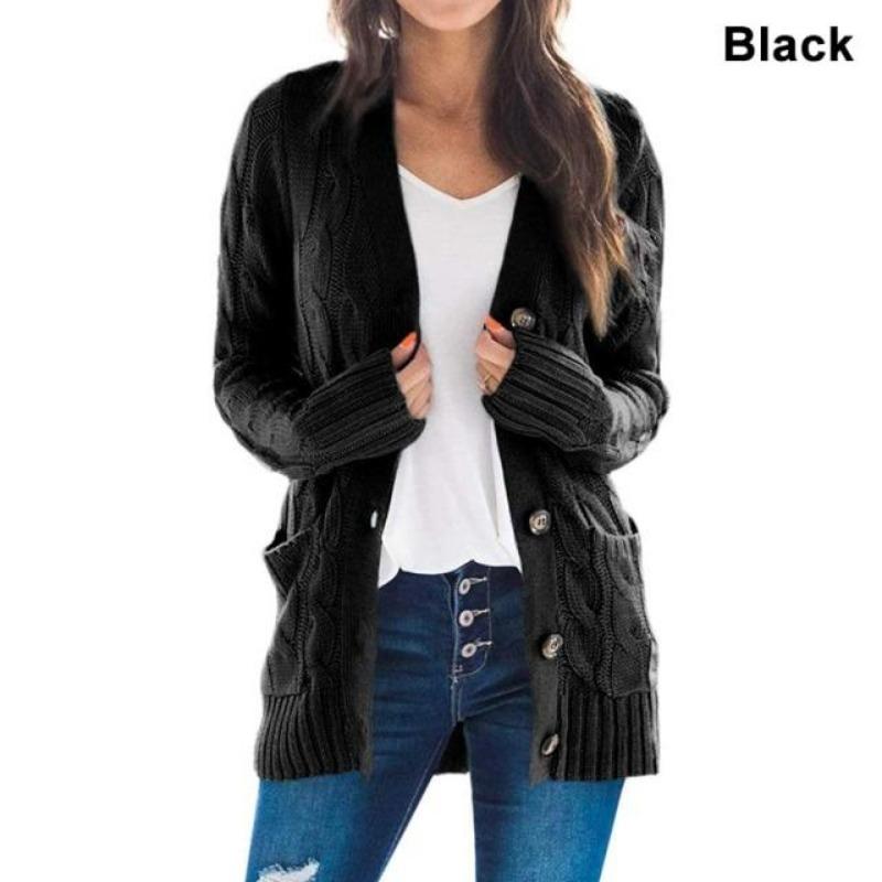 Women Knitted Cardigan Sweater Autumn Winter V-Neck Button Long Sleeve Sweaters Coat Casual Pockets Solid Femme Knitwear Coat