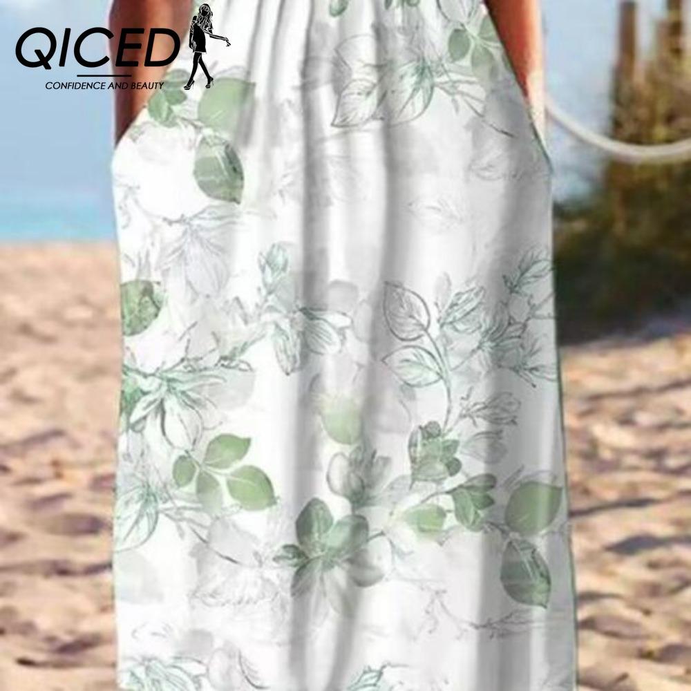 QICED Summer Dress With Pockets Anti-Pilling Popular Floral Print Cocktail Tunic Long Streetwear Dressy Outfits