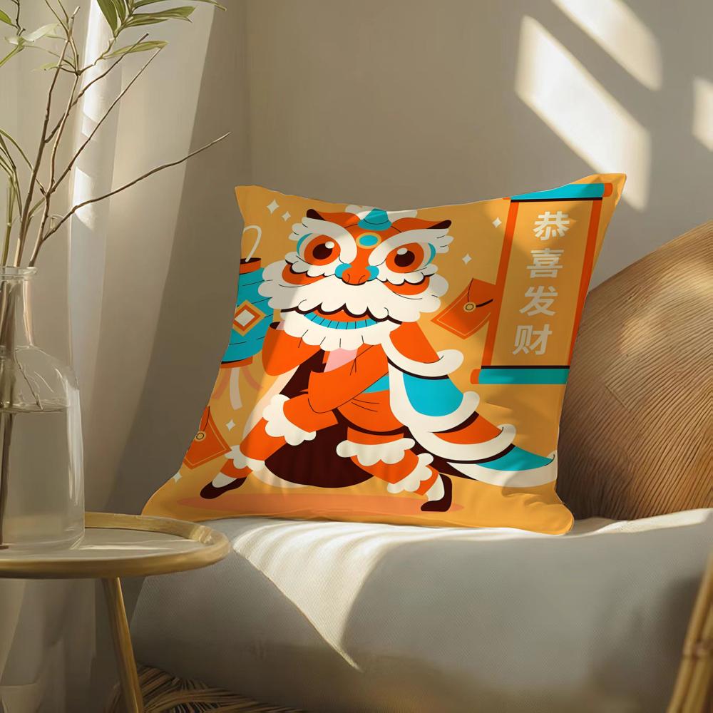 Oriental Festive Lion Print Pillow Case Double-Sided Plush Sofa Cushion Covers Organic Breathable Invisible Zipper