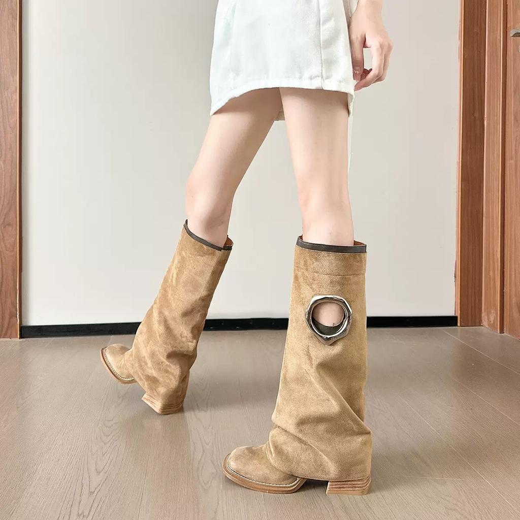 Designer Women's Boots Retro Knee-high Boots Fashion Straight Leg Pants Boots Women's Thick Heeled Platform Booties Botas Mujer