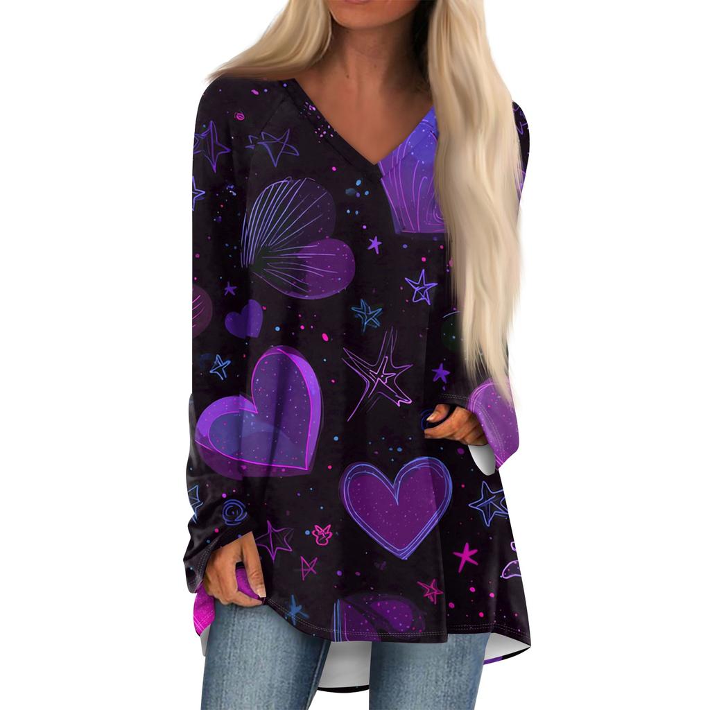 Women's Fashionable Casual Long,Sleeved Valentine's Day Print V,Neck Mid,Length Top