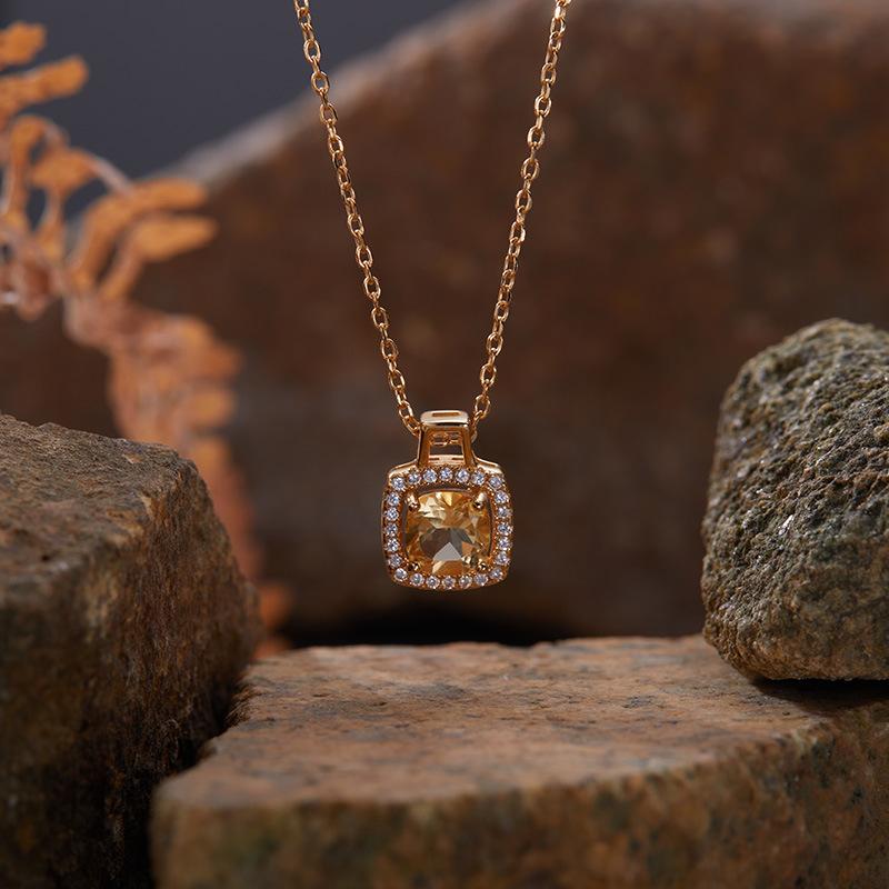 

S925 Sterling Silver Small Fresh Sugar Cube Necklace Pendant Natural Colored Gemstone Collarbone Chain High Sense Does Not Fade Women