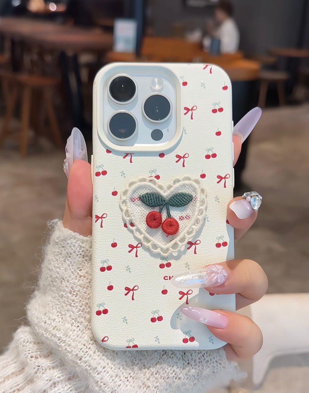 

Ins Korean Style Embroidered Cherry for IPhone17promax for Apple 14 Mobile Phone Case 13 Leather Pattern 12 Female 16 For Apple 15plus/14pluss