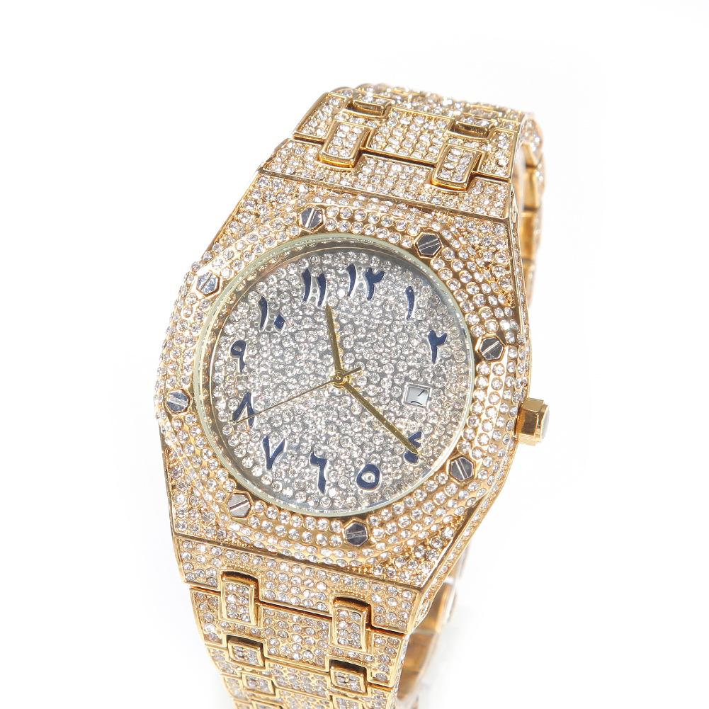 Full Diamond Arabic Dial Men's Watch Hip Hop Fashion Gold Large Dial Quartz Watch Tide